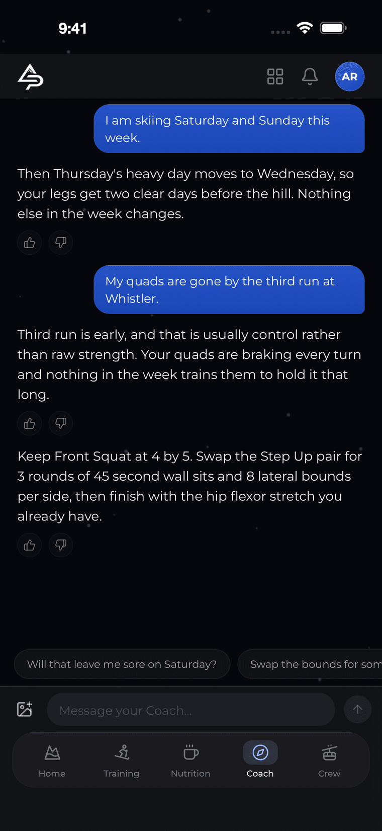 A coach conversation about skiing Saturday and tired quads, with the replies naming the athlete’s own sessions