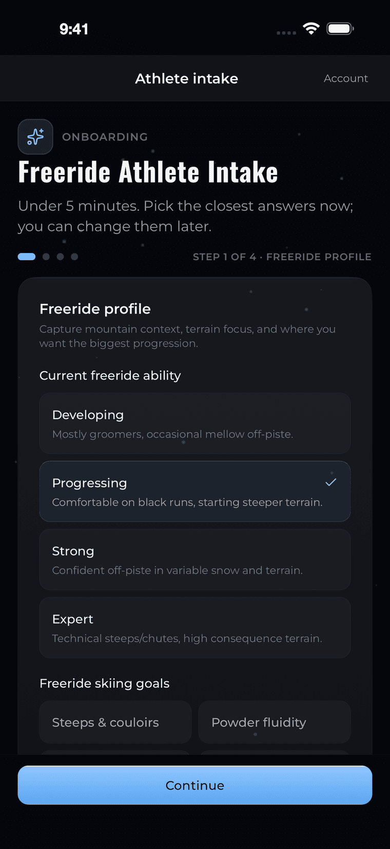 Step one of the athlete intake, asking for current freeride ability with the skiing goals below it