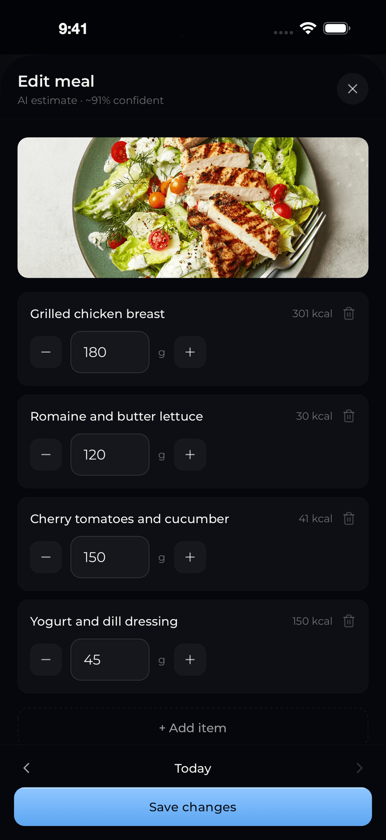 A photographed meal with each item read off it and its calories and grams listed underneath